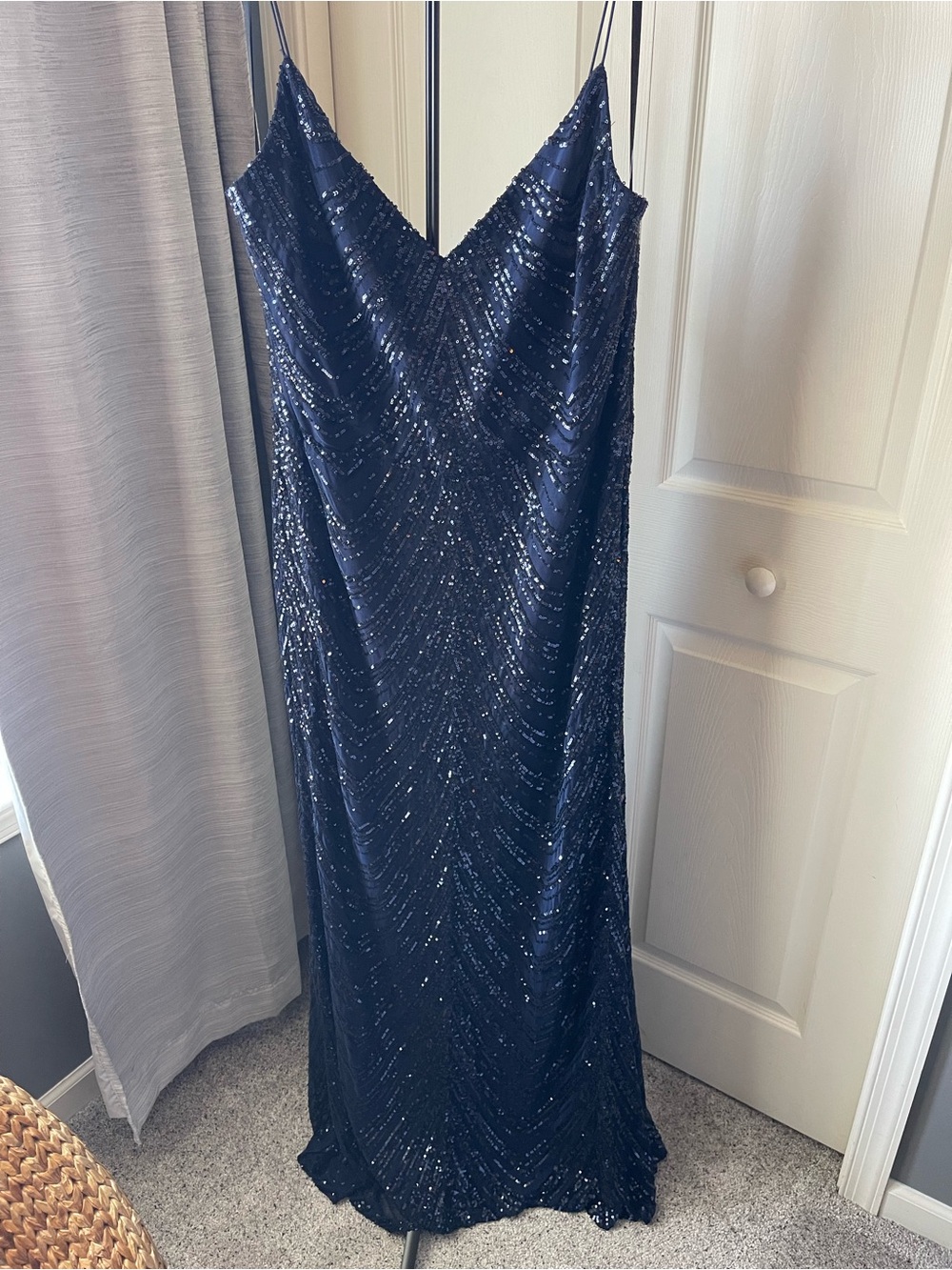 B Darlin Navy Sequin Maxi Slip Dress with Spaghetti Straps